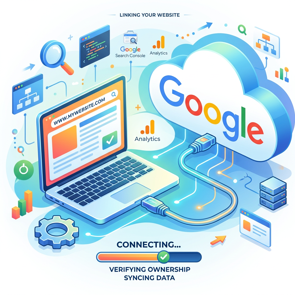 Laptop connecting www.mywebsite.com to Google cloud for analytics and search console data syncing