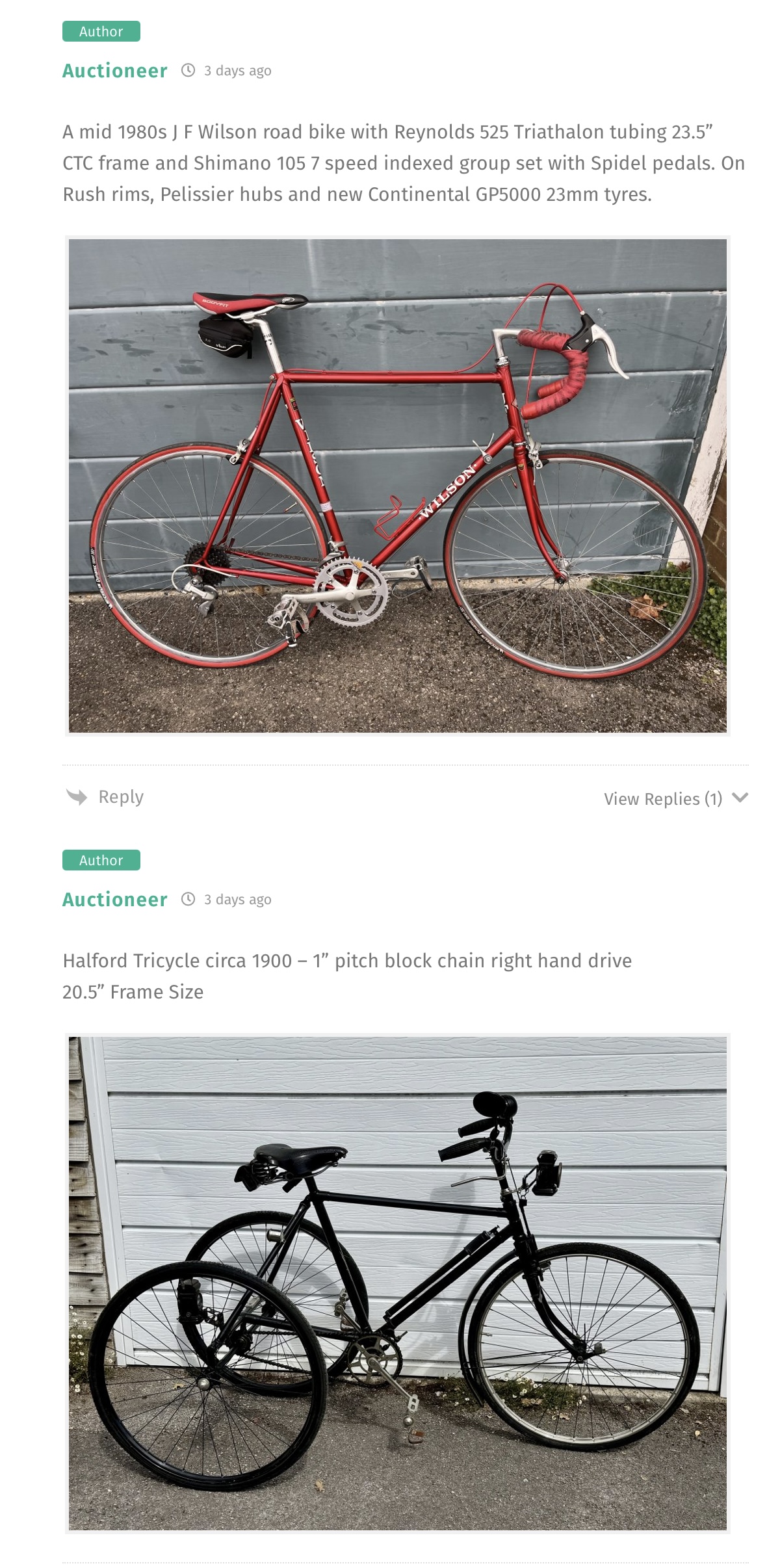 A Jim Wilson Triathlon road bike and a Halfords Tricycle from first decade of 1900s are listed in the auction